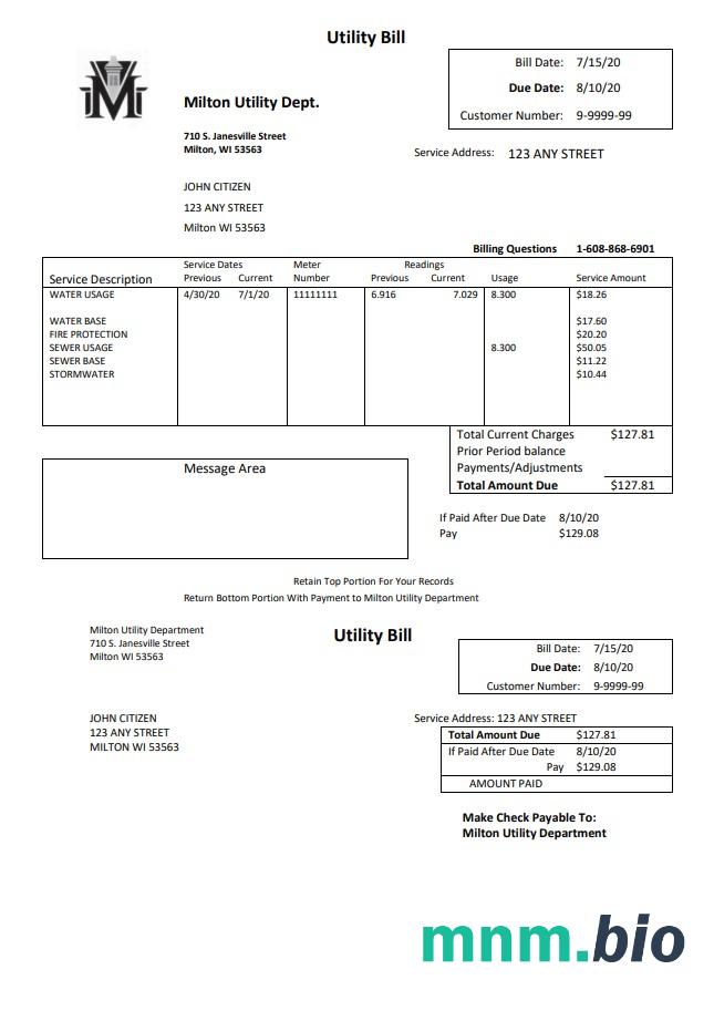 USA Massachusetts Milton pożytek Dept woda rachunek za media szablon w formacie Word i PDF